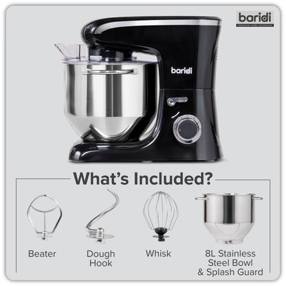 Baridi Stand Mixer, 8L Capacity, Supplied with 3 Accessories, 1800W, Black - DH174