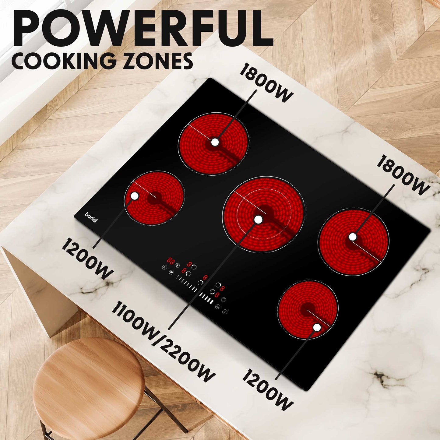 Baridi 77cm Built-In Ceramic Hob with 5 Cooking Zones, Black Glass, 8200W Hardwired - DH175