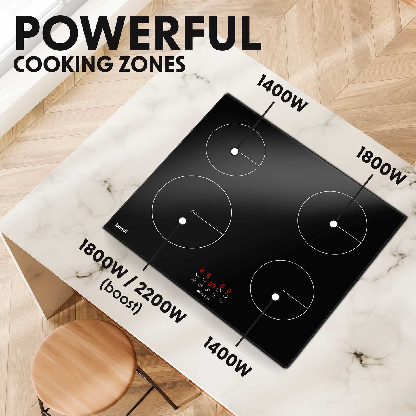 Baridi 60cm 4 Zone Induction Hob, Boost Function, 9 Power Levels, Touch Control, Timer 6800W - DH176