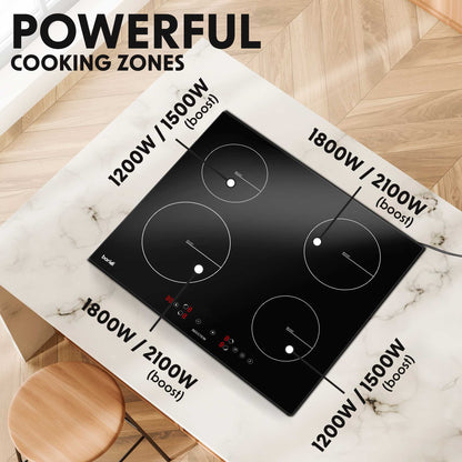 Baridi 60cm 4 Zone Induction Hob, Boost Function, 9 Settings, Touch Control, 13A Plug, 2800W - DH177