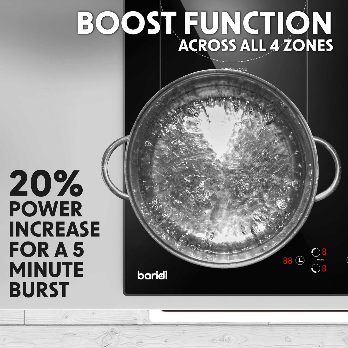 Baridi 60cm Bridge Zone Induction Hob, 4 Zones, Boost Function, 9 Power Settings, 2800W - DH178