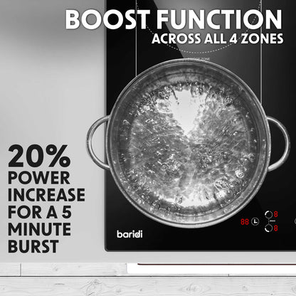 Baridi 60cm Bridge Zone Induction Hob, 4 Zones, Boost Function, 9 Power Settings, 2800W - DH178