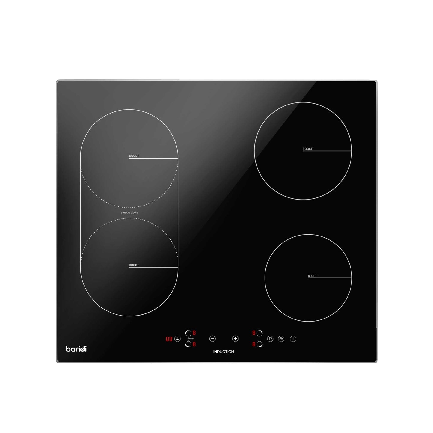 Baridi 60cm Bridge Zone Induction Hob, 4 Zones, Boost Function, 9 Power Settings, 2800W - DH178