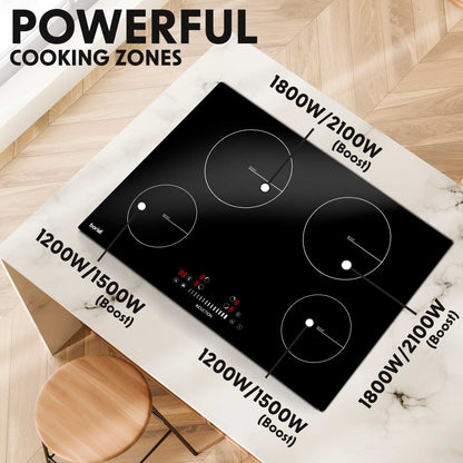 Baridi 77cm Induction Hob, 4 Cooking Zones, Boost Function, 9 Settings, Touch Control, 7200W - DH179