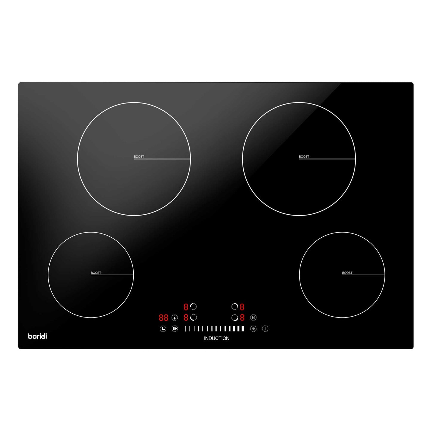Baridi 77cm Induction Hob, 4 Cooking Zones, Boost Function, 9 Settings, Touch Control, 7200W - DH179