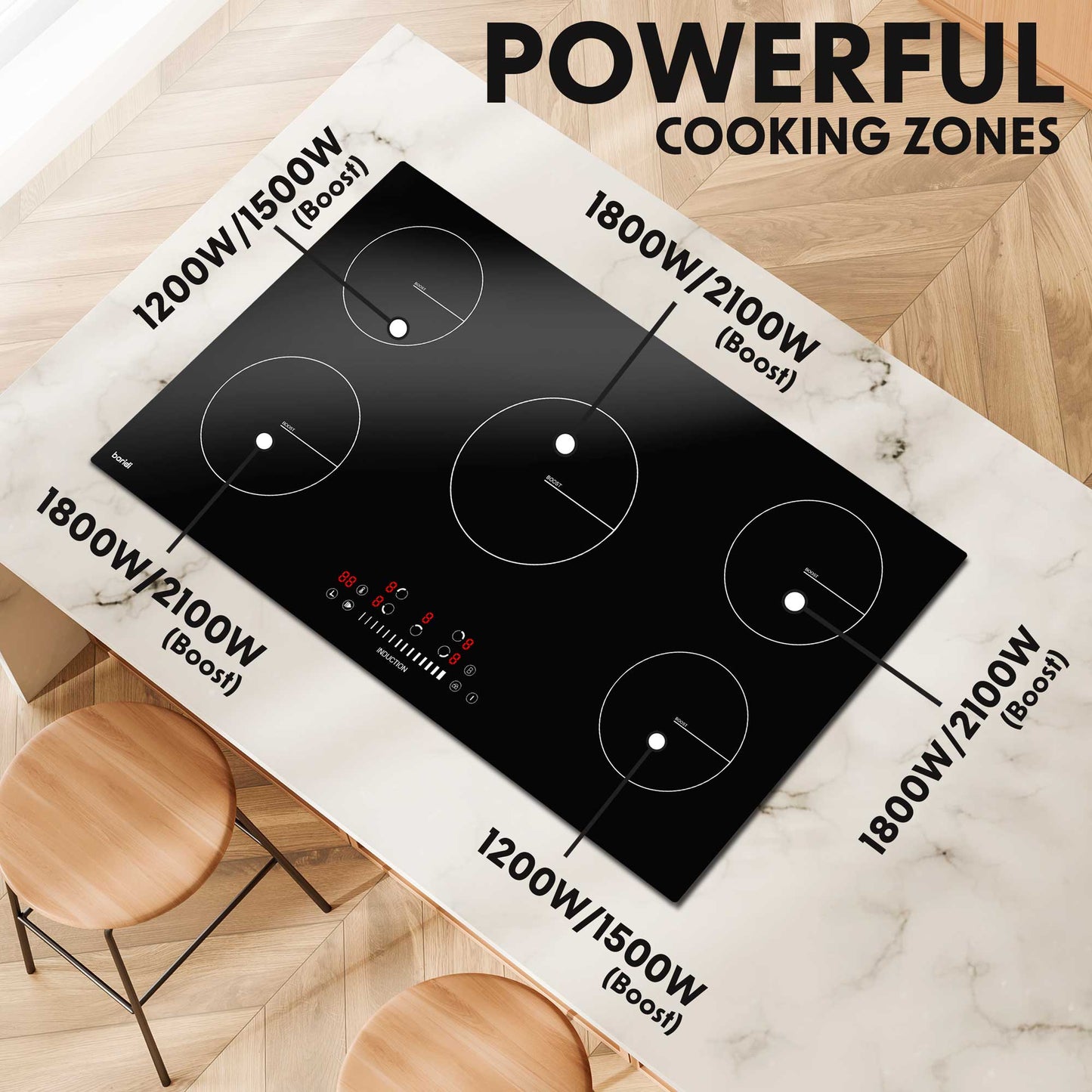 Baridi 90cm Induction Hob, 5 Cooking Zones, Boost Function, 9 Settings, Touch Control, 9300W - DH180