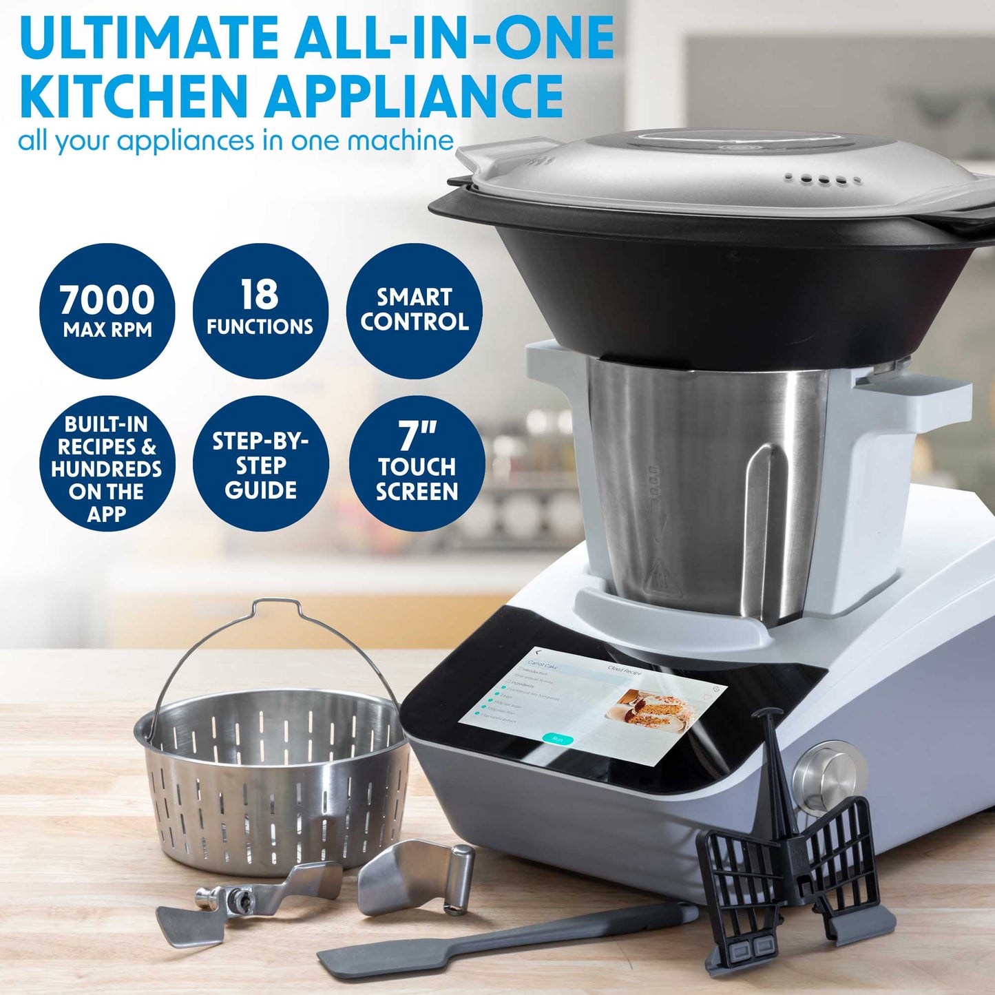 Baridi Smart Thermo-Cooker, 18 Preset Functions, 7” Touch Screen, App Guided Recipes, White – DH189