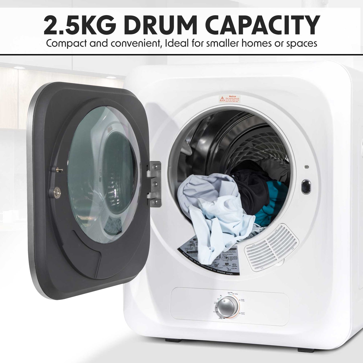 Mini Tabletop Tumble Dryer, Counter Top Vented Dryer, 2.5kg Capacity, includes wall mounted brackets, fully portable - DH192