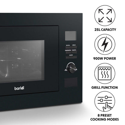 Baridi 25L Integrated Microwave Oven with Grill, 900W, Sensor Touch Controls, Black - DH198