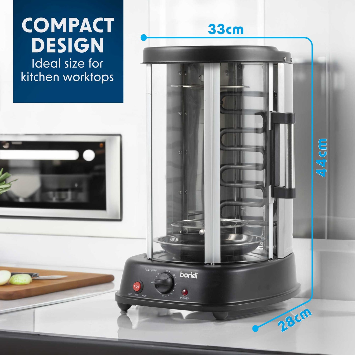 Baridi Vertical Rotisserie Grill, Kebabs, Gyros, Skewers, Roasts, 1500W, 21L, Black - DH216