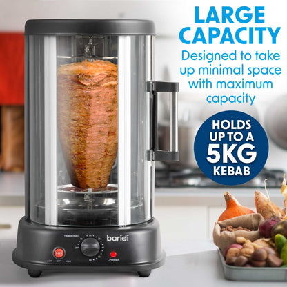 Baridi Vertical Rotisserie Grill, Kebabs, Gyros, Skewers, Roasts, 1500W, 21L, Black - DH216