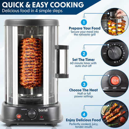 Baridi Vertical Rotisserie Grill, Kebabs, Gyros, Skewers, Roasts, 1500W, 21L, Black - DH216