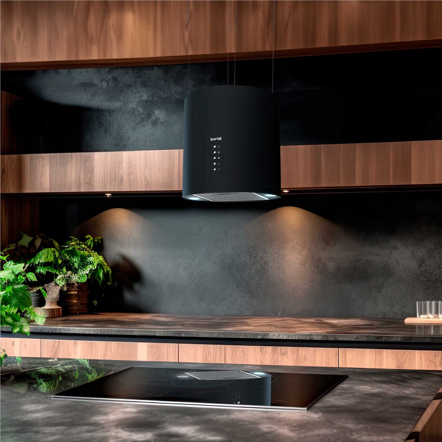 Baridi Island Cooker Hood, Pendant Style, Ø35cm, 3-Speed, Black - DH219