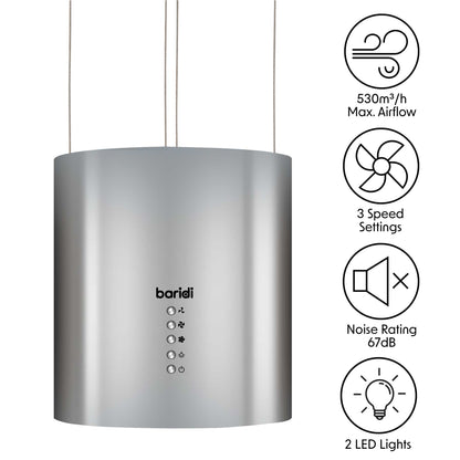 Baridi Island Cooker Hood, Pendant Style, Ø35cm, 3 Speed, Stainless Steel - DH220