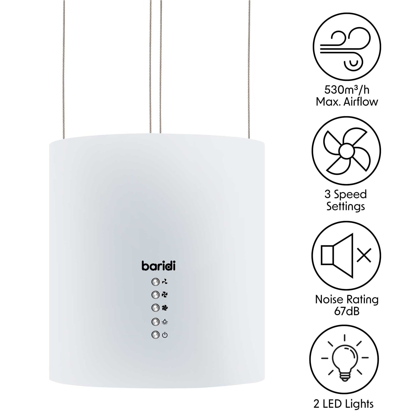 Baridi Island Cooker Hood, Pendant Style, Ø35cm, 3 Speed, White - DH221