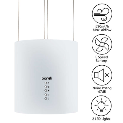Baridi Island Cooker Hood, Pendant Style, Ø35cm, 3 Speed, White - DH221