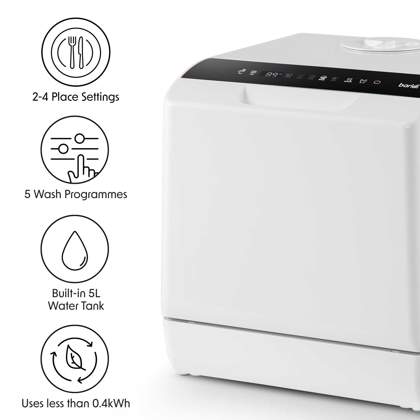 Baridi Mini Portable Tabletop 5L Dishwasher with 2-4 Place Settings, 5 Wash Functions - DH224A