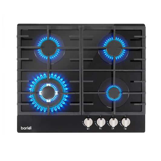 Baridi 60cm Gas on Glass Hob Built-In, 4 Burner and Cast Iron Pan Supports, Black Glass - DH226