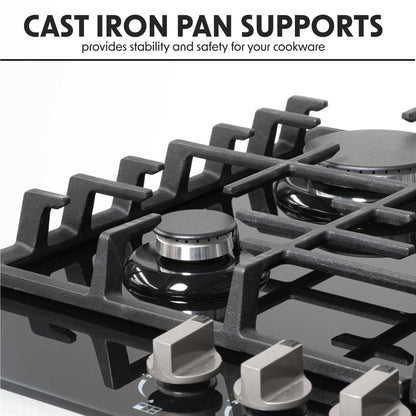 Baridi 70cm Gas on Glass Hob Built-In, 5 Burner and Cast Iron Pan Supports, Black Glass - DH228