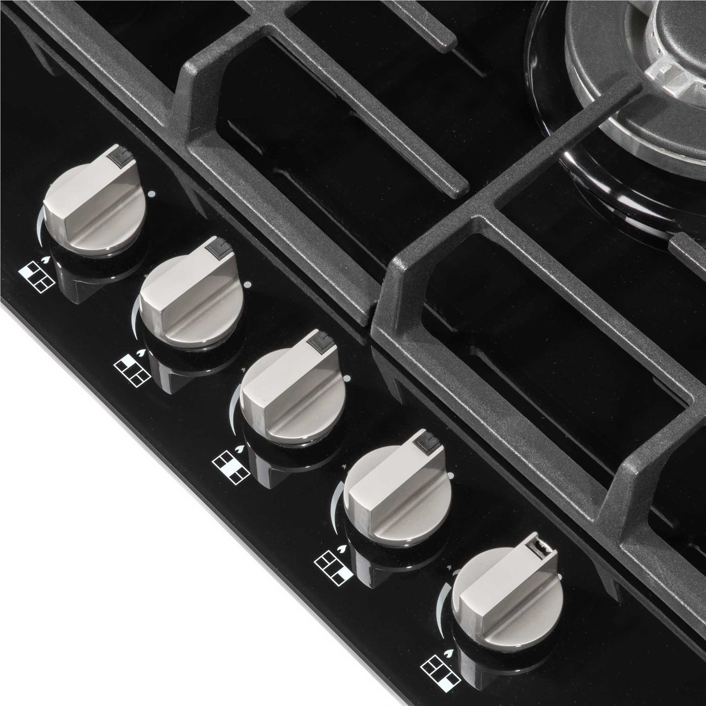 Baridi 70cm Gas on Glass Hob Built-In, 5 Burner and Cast Iron Pan Supports, Black Glass - DH228