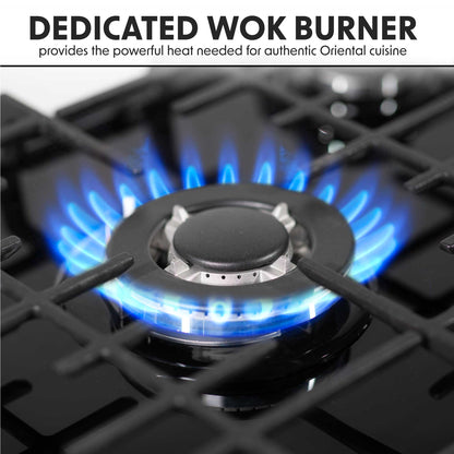 Baridi 70cm Gas on Glass Hob Built-In, 5 Burner and Cast Iron Pan Supports, Black Glass - DH228
