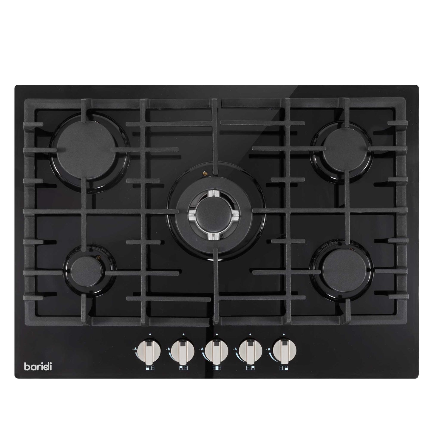 Baridi 70cm Gas on Glass Hob Built-In, 5 Burner and Cast Iron Pan Supports, Black Glass - DH228