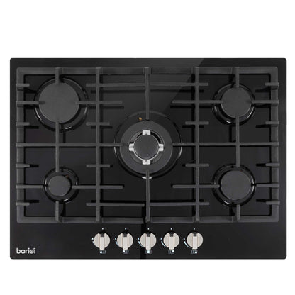Baridi 70cm Gas on Glass Hob Built-In, 5 Burner and Cast Iron Pan Supports, Black Glass - DH228