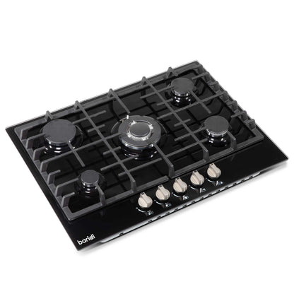 Baridi 70cm Gas on Glass Hob Built-In, 5 Burner and Cast Iron Pan Supports, Black Glass - DH228