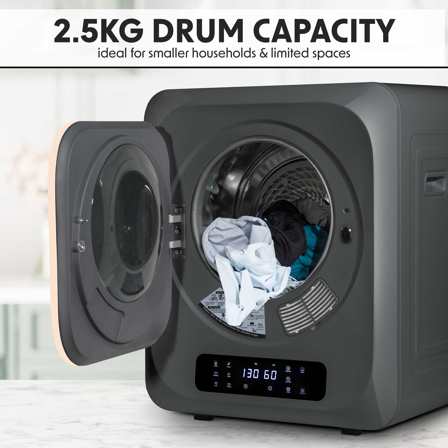 Baridi Mini Tabletop Tumble Dryer with Digital Controls, 2.5kg Capacity, includes wall mounted brackets - DH229