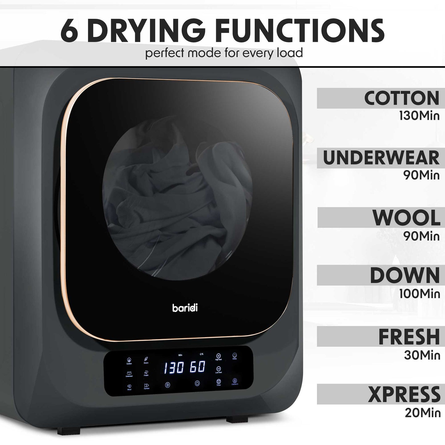 Baridi Mini Tabletop Tumble Dryer with Digital Controls, 2.5kg Capacity, includes wall mounted brackets - DH229