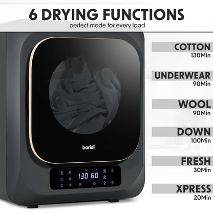 Baridi Mini Tabletop Tumble Dryer with Digital Controls, 2.5kg Capacity, includes wall mounted brackets - DH229