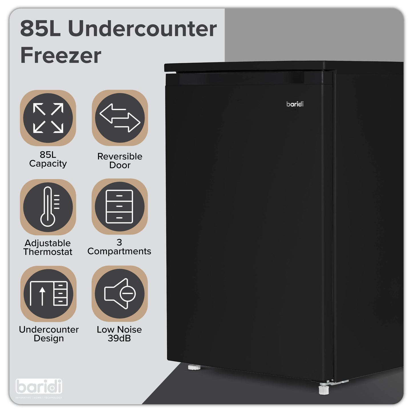 Baridi 55cm Undercounter Freezer with Adjustable Thermostat, 85L, Black - DH251