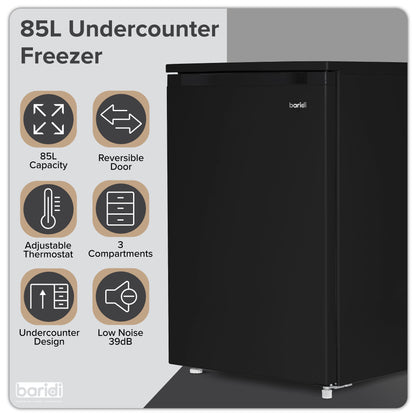 Baridi 55cm Undercounter Freezer with Adjustable Thermostat, 85L, Black - DH251