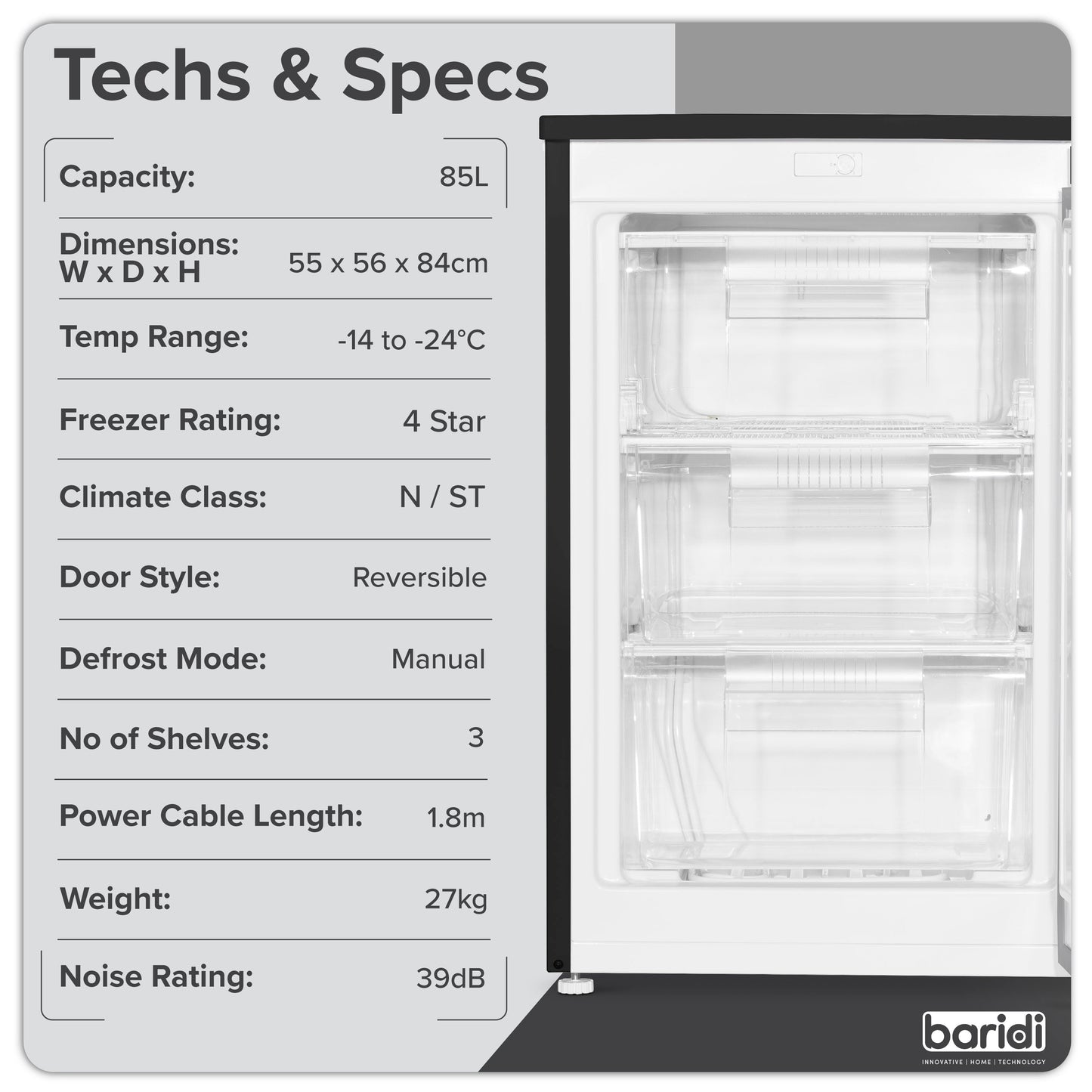 Baridi 55cm Undercounter Freezer with Adjustable Thermostat, 4 Star Rating, 85L, White - DH250