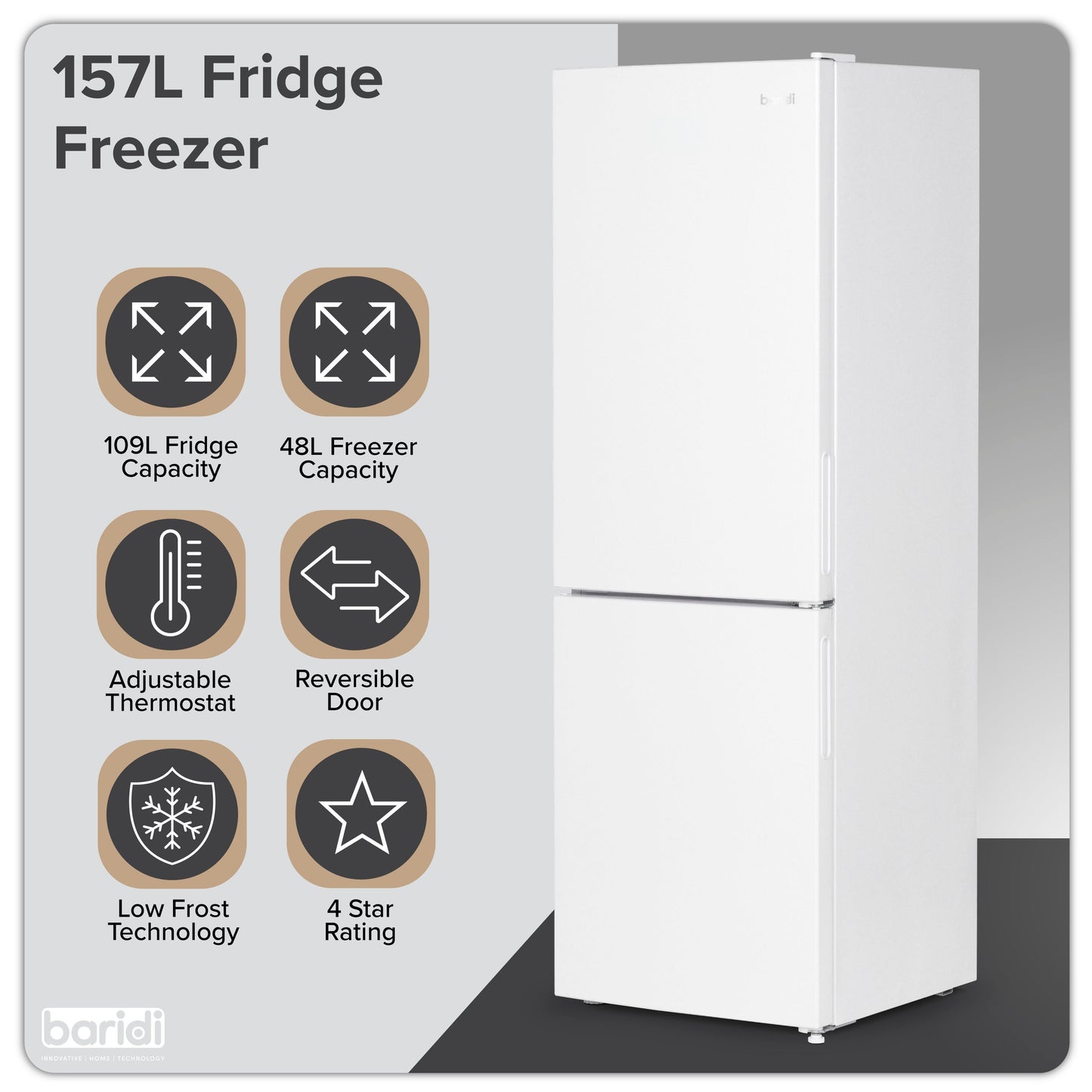 Baridi 47cm 70/30 Fridge Freezer with Adjustable Thermostat, 157L Capacity - White - DH252