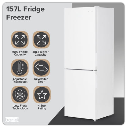 Baridi 47cm 70/30 Fridge Freezer with Adjustable Thermostat, 157L Capacity - White - DH252