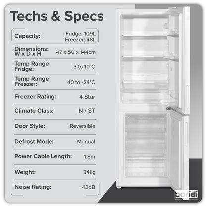 Baridi 47cm 70/30 Fridge Freezer with Adjustable Thermostat, 157L Capacity - White - DH252