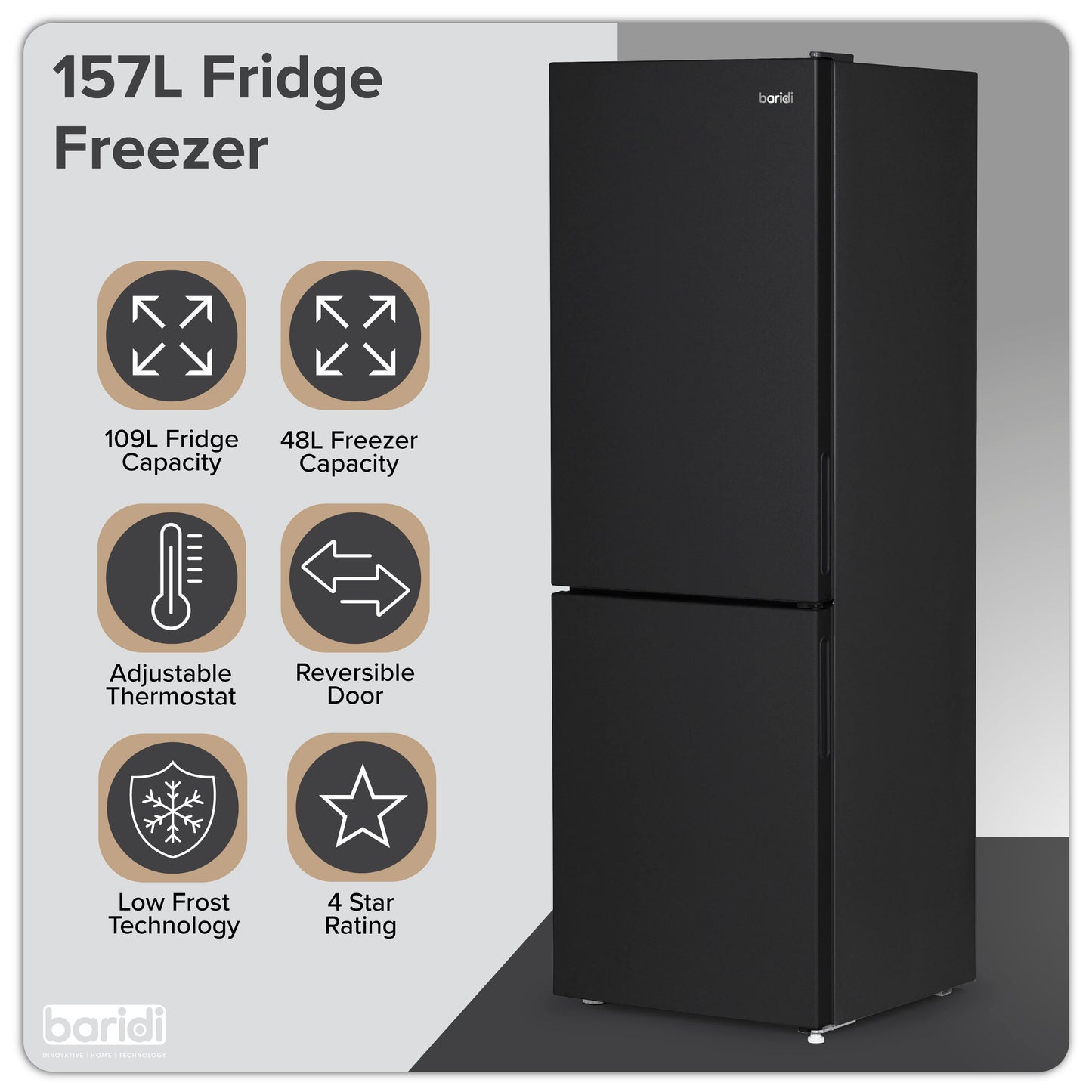Baridi 47cm 70/30 Fridge Freezer, 157L Capacity, Low Frost Technology, 4 Star Rating, Black - DH253