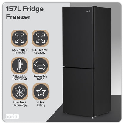 Baridi 47cm 70/30 Fridge Freezer, 157L Capacity, Low Frost Technology, 4 Star Rating, Black - DH253