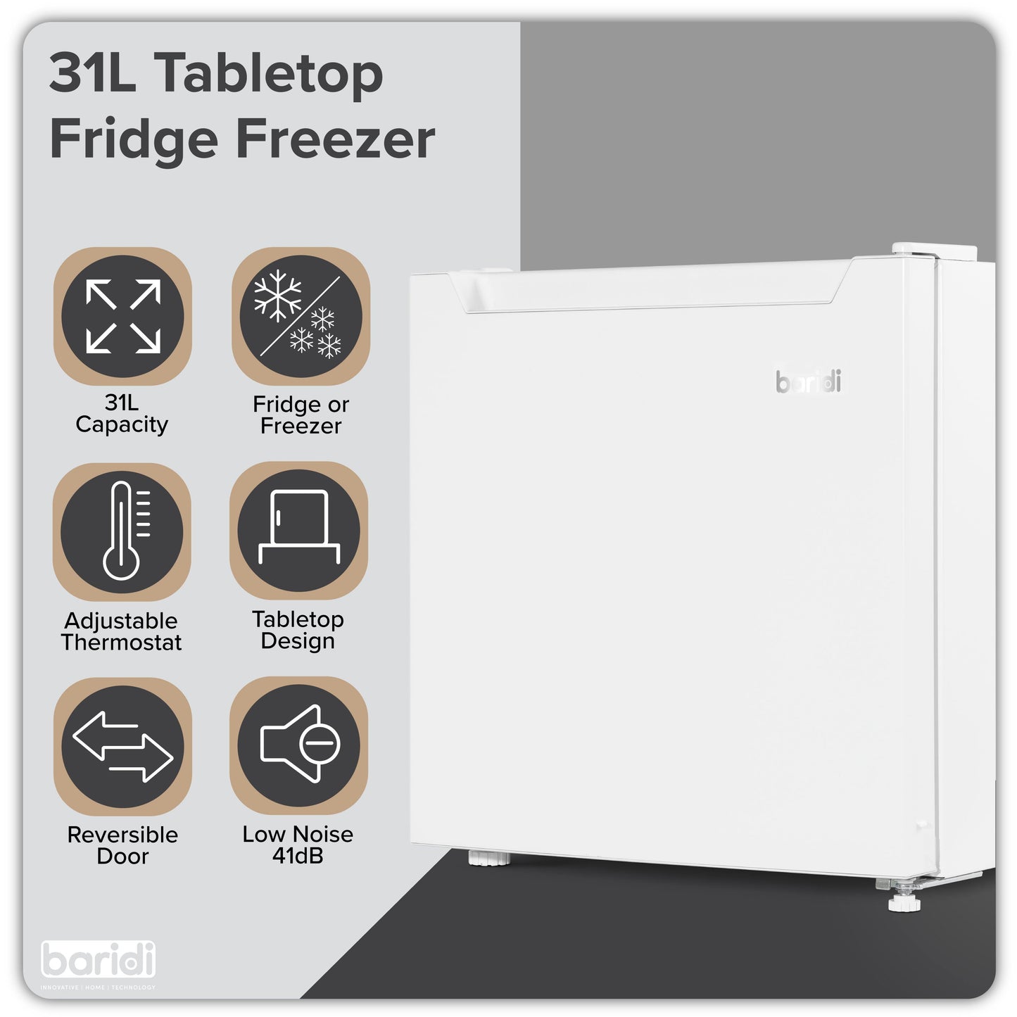 Baridi Mini Tabletop Fridge/Freezer, 31L Capacity, Reversible Door, White - DH254