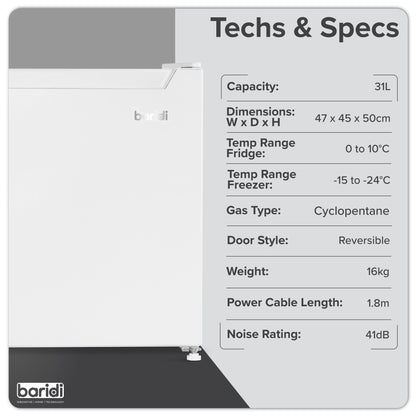 Baridi Mini Tabletop Fridge/Freezer, 31L Capacity, Reversible Door, White - DH254