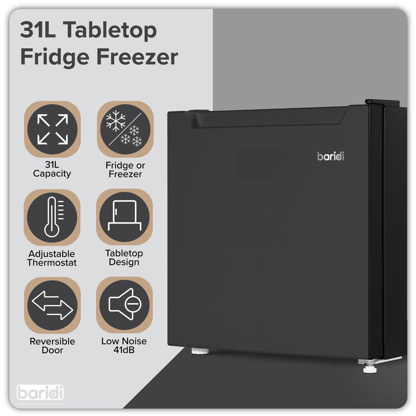 Baridi Mini Tabletop Fridge/Freezer, 31L Capacity, Reversible Door, Black - DH255
