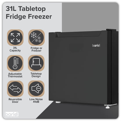 Baridi Mini Tabletop Fridge/Freezer, 31L Capacity, Reversible Door, Black - DH255
