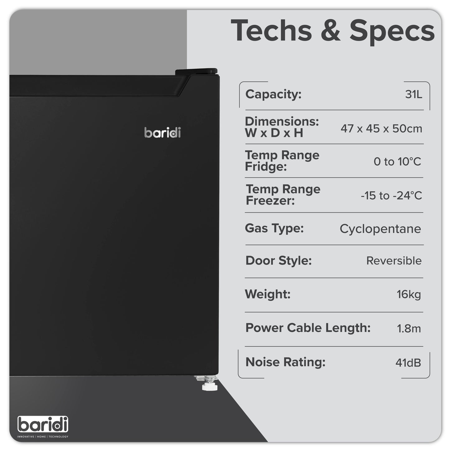 Baridi Mini Tabletop Fridge/Freezer, 31L Capacity, Reversible Door, Black - DH255