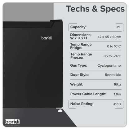 Baridi Mini Tabletop Fridge/Freezer, 31L Capacity, Reversible Door, Black - DH255