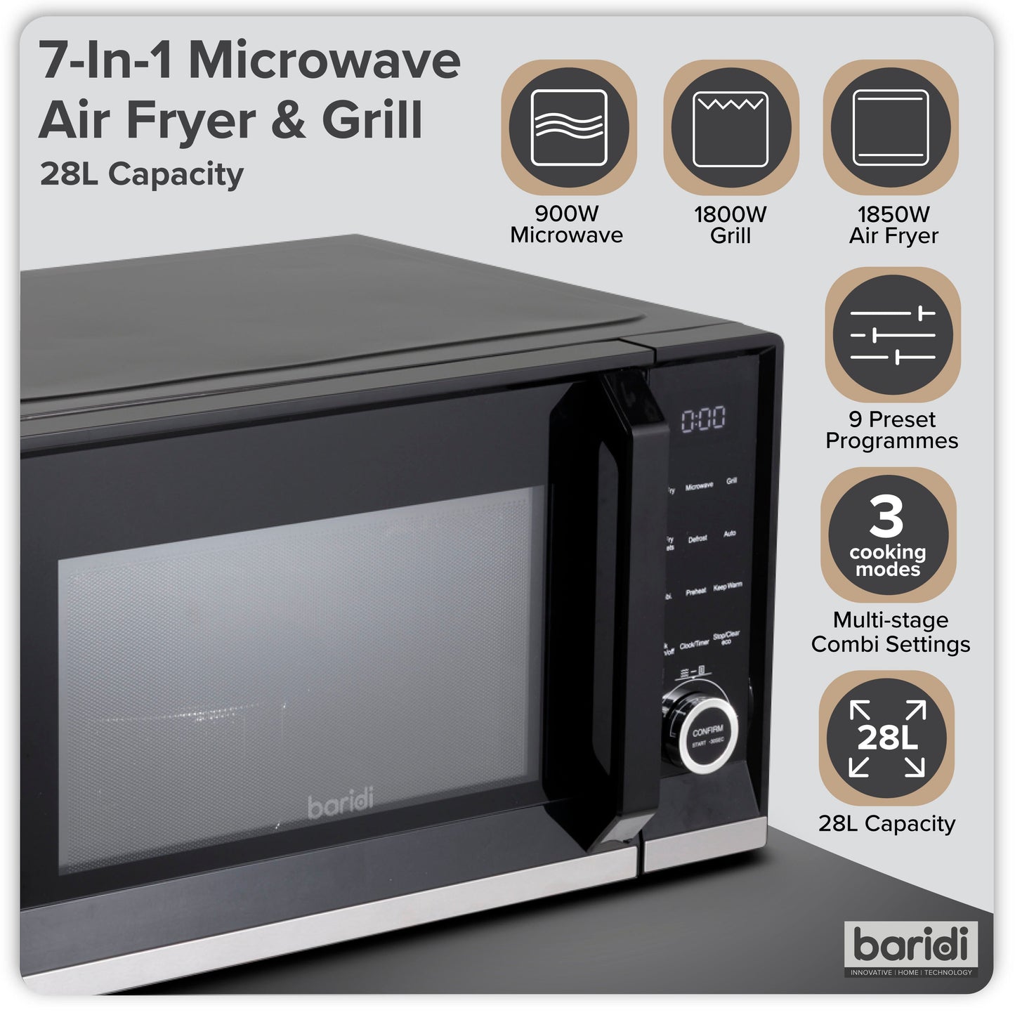 Baridi 7-in-1 Microwave Air Fryer & Grill, 28L Capacity, 9 Pre-Sets, 900W/1800W Black - DH277