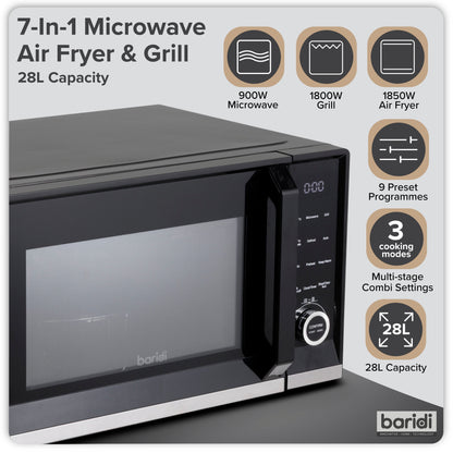 Baridi 7-in-1 Microwave Air Fryer & Grill, 28L Capacity, 9 Pre-Sets, 900W/1800W Black - DH277