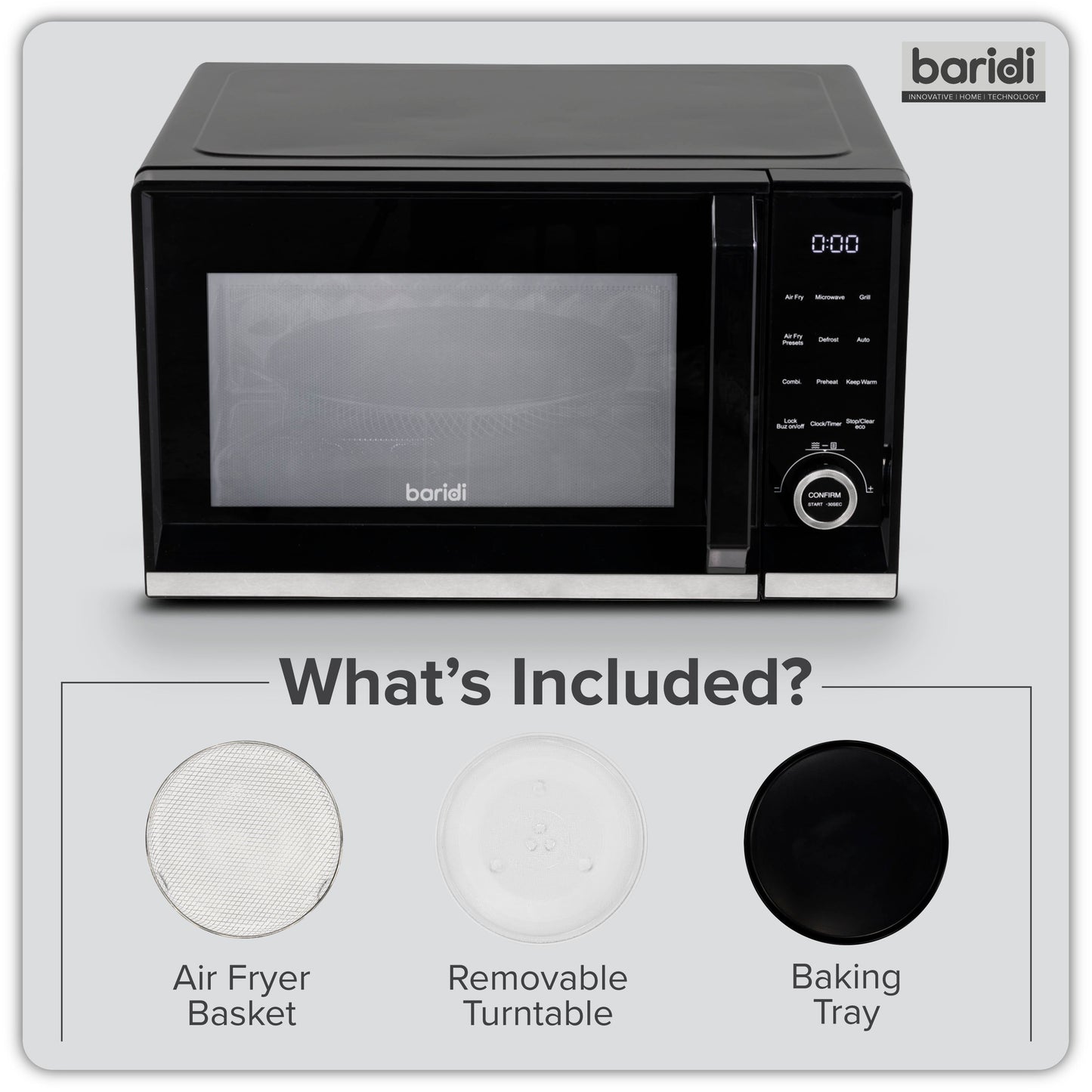 Baridi 7-in-1 Microwave Air Fryer & Grill, 28L Capacity, 9 Pre-Sets, 900W/1800W Black - DH277