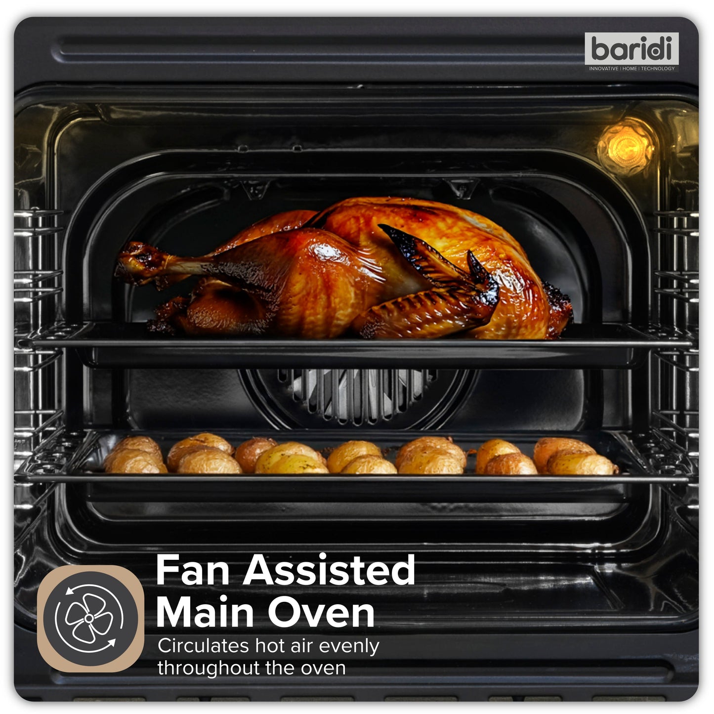 Baridi 72cm Under-Counter Double Oven, 74L Capacity, Energy Rating A, 8 Shelf Positions, Black Glass – DH278