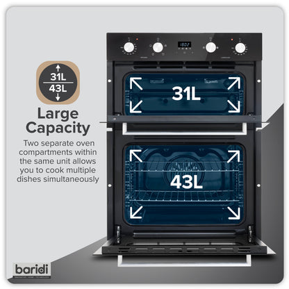 Baridi 72cm Under-Counter Double Oven, 74L Capacity, Energy Rating A, 8 Shelf Positions, Black Glass – DH278